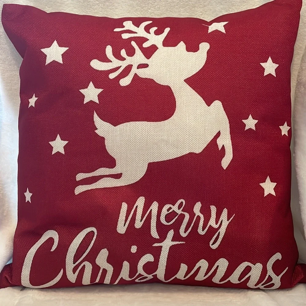 Both NEW! Pillow + Insert,”Merry Christmas” 18”x18” linen pillow cover & insert